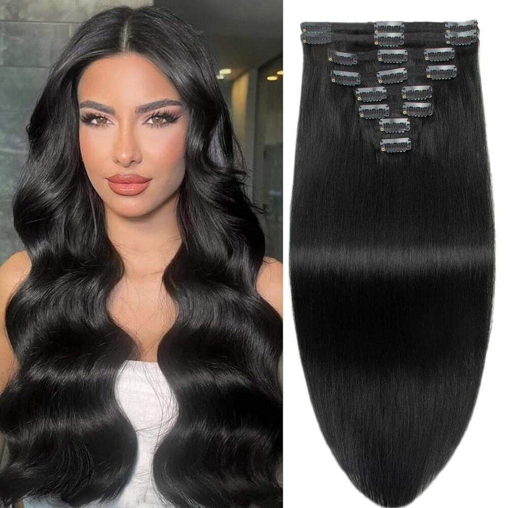 Clip in Hair Extensions Human Hair 18 Inch Straight Jet Black 8pcs